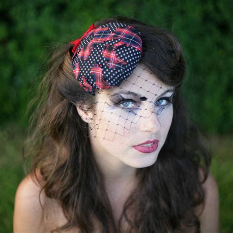 Tartan And Polka Dot Pillbox Hat With Veil By The
