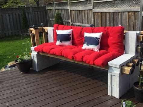 My new cinder block bench ready for summer made with 14 -8x8x12 cinder