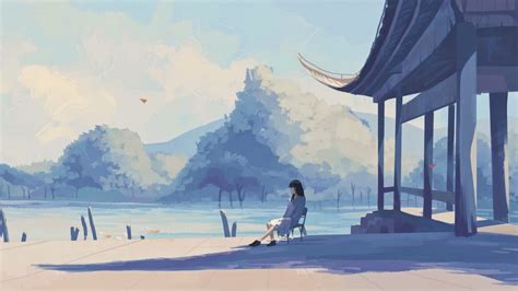 Download 1366x768 Lonely Anime Girl Lake Pastel Colors