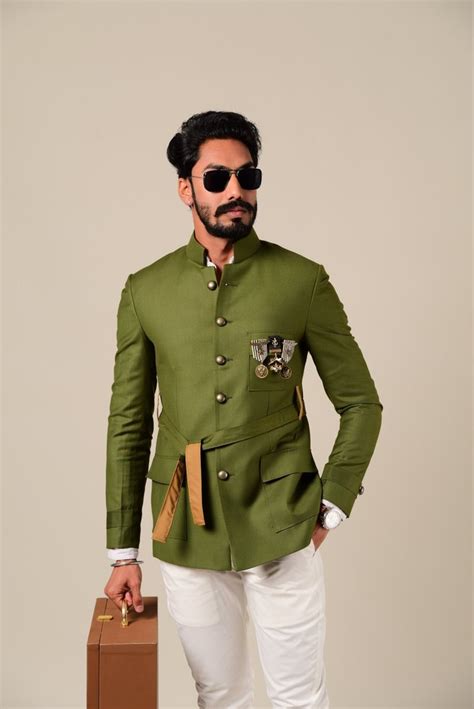 Party Green Bespoke Indian Waist Belted Royal Jodhpuri Bandhgala Suit