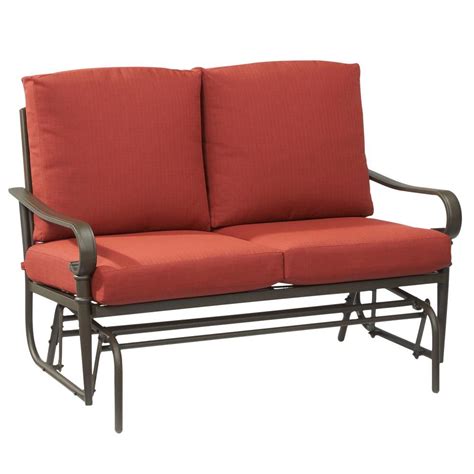 Hampton Bay Oak Cliff Metal Outdoor Glider With Chili Cushions 176 411