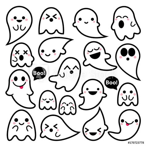 cute vector ghosts icons halloween design set kawaii black stroke ghost on white backgrounds