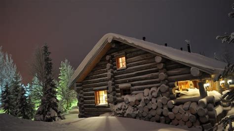 412592 4k House Lake Cabin Water Trees Night Snow Winter Pine