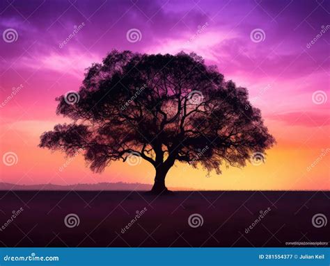 Purple And Yellow Sunset With Tree Silhouette Stock Illustration