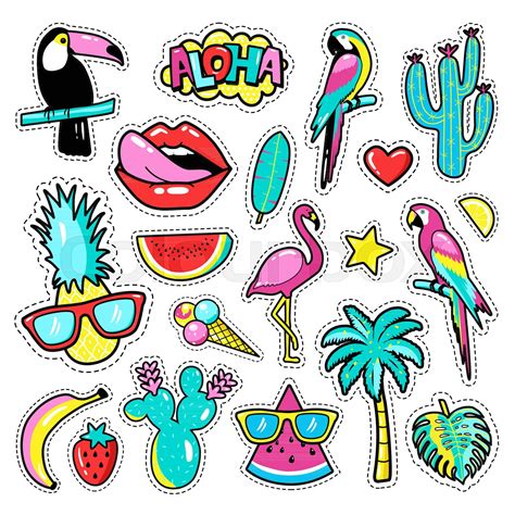 fashion tropical patch badges with toucan flamingo parrot exotic leaves hearts stars lips