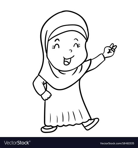 Hand Drawing Muslim Girl Cartoon With Victory Vector Image