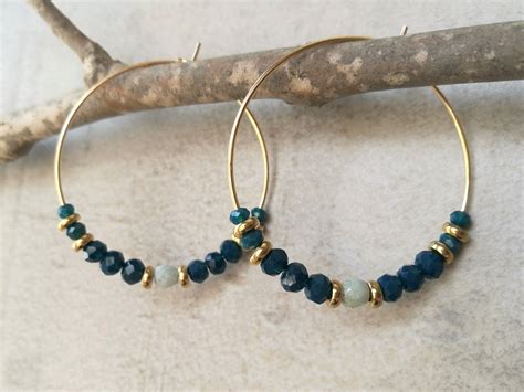 Gold And Deep Turquoise Large Hoop Earrings Romantic Beaded Hoops