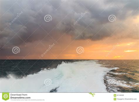 Seascape Stormy Sea Horizon And Kielwater Stock Photo Image Of Storm