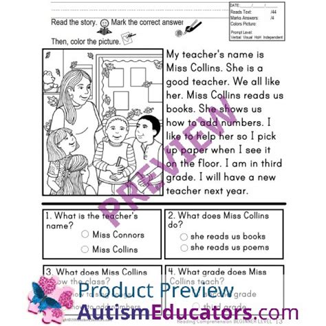 Reading Comprehension Worksheets For Autistic Students Reading