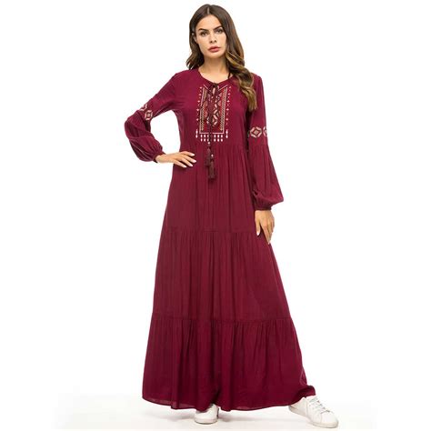 Retro Ethnic Embroidery Maxi Dress Oversized Women Muslim Abaya