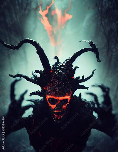 Mystical Savage Creepy Demonic Monster With Horns D Art Conceptual Illustration Vertical