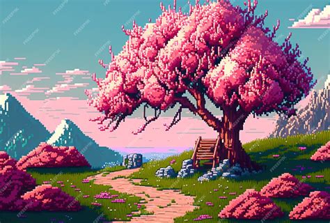 Árvore De Flores De Cerejeira Da Primavera Com Belo Estilo De Pixel Art