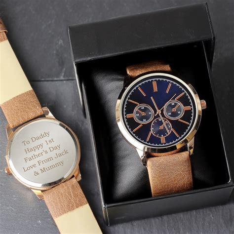 Personalised Mens Rose Gold Tone Watch With Brown Strap And Presentation