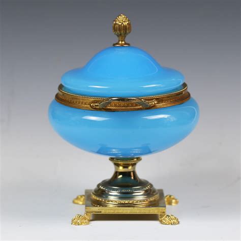 French Blue Opaline Glass Gilt Ormolu Lidded Tazza Candy Box From