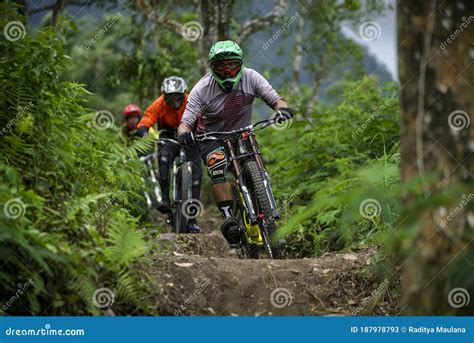 Indonesia June Professional Biker Is Riding A Mountain Bike Downhill Style Editorial