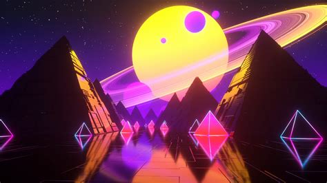 Music Stars Planet Space Pyramid Background Neon Synth Wallpaper