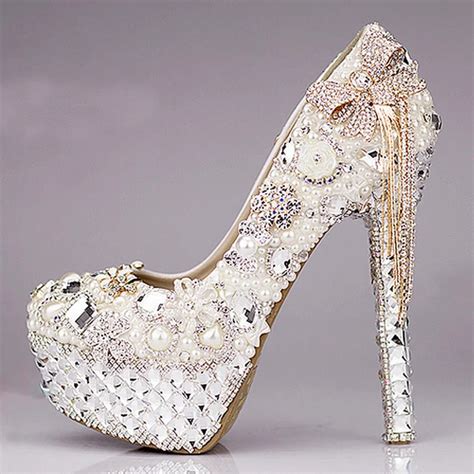 2015 Luxurious Bowtie Rhinestone Ultra High Heel Shoes Pearl Crystals Wedding Dress Shoes