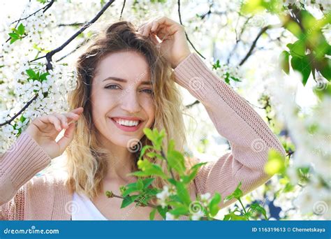 Attractive Young Woman Posing Near Blossoming Tree Stock Image Image Of Nature Fresh 116319613