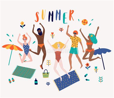Summer Beach Cartoon Vector Illustration With Young People Stock Vector