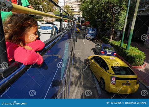 Little Blonde Little Girl In A Tourist Bus In Athens Editorial Photo