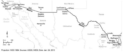 Map Of The Usmexico Border Region Cities And Towns In Black Are Those