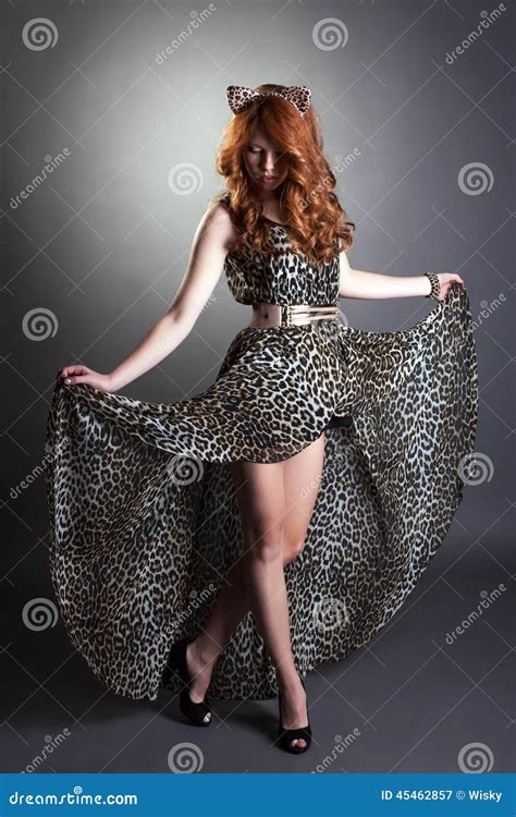 Seductive Redhead Woman Posing In Leopard Dress Stock Image Image Of Dress Young 45462857