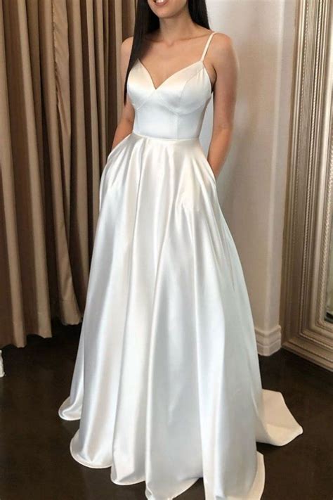 Simple White Satin Long Prom Dresses Cheap White Evening Dresses