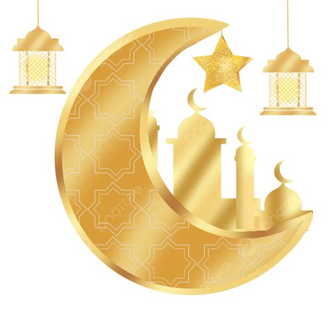 Gambar Bulan Sabit Islam Emas Dengan Tanglung Dan Masjid Png Percuma