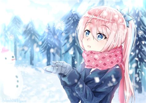 Download 1403x992 Anime Girl Pink Hair Scarf Snowflake Blue Eyes