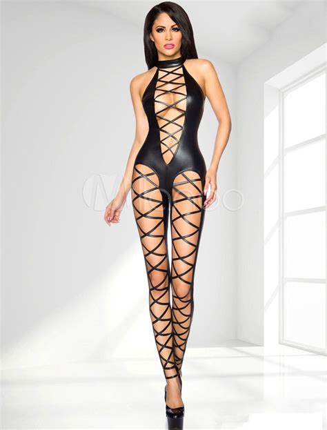 Sexy Pole Dancing Costume Womens Black Lace Up Jumpsuit Costume Halloween