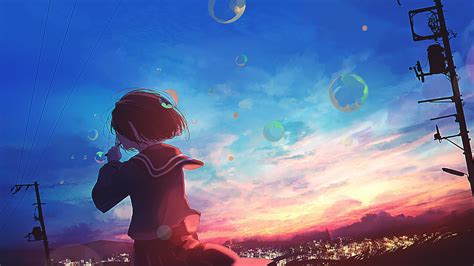 Anime Scenery Girl Sunset Bubbles K Wallpaper