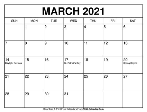 March 2021 Printable Calendar With Holidays Free Prin
