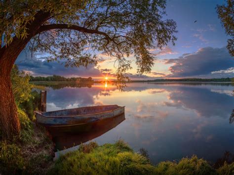 Summer Lake Willow Boat Sunset Wallpaper Widescreen Hd Resolution