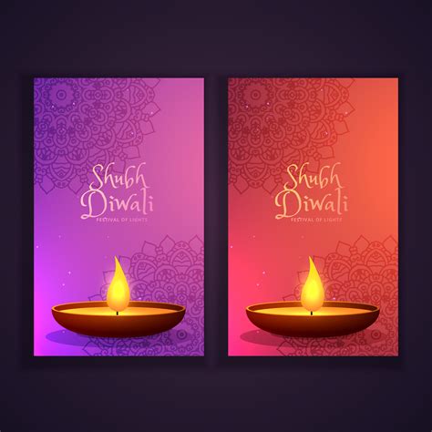 Beautiful Happy Diwali Vertical Banners With Glowing Diya And Ma