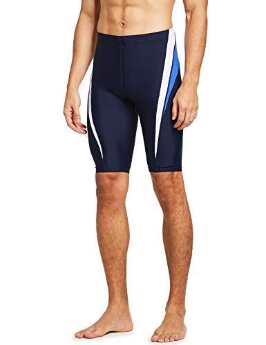 Baleaf Mens Athletic Swim Jammers Quick Dry Splice Compression Swim Shorts Square Leg Navy