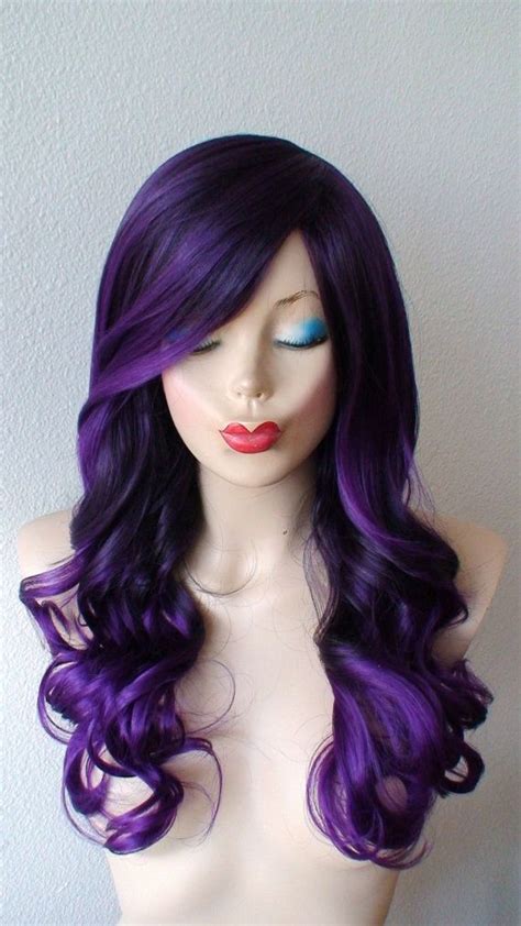 Black Purple Purple Ombre Wig Long Volume Curly By Kekeshop Curly Hair With Bangs Curly Hair