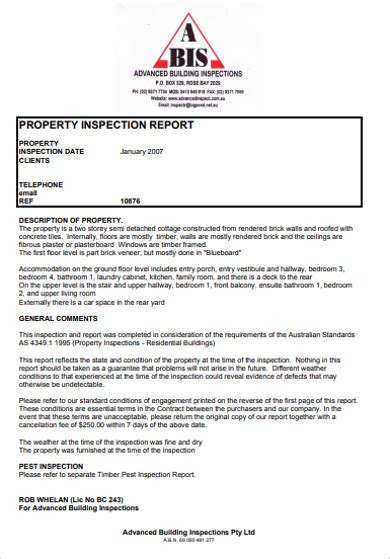 Property Inspection Report 7 Examples Format Pdf