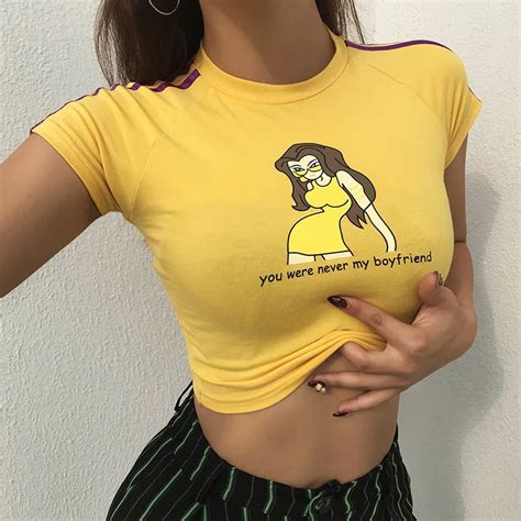 Summer Cartoon Girl Print T Shirts Women Fitness Short Sleeve Side Stiped Tees Crop Tops