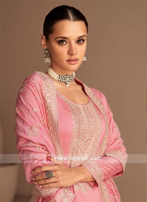 Pink Embroidered Silk Palazzo Style Salwar Kameez