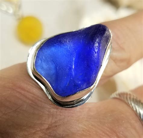 Cobalt Blue Sea Glass Ring Any Size And Any Band Handcrafted In Silver Using Glass Found On
