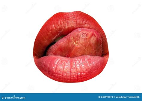 Isolated Woman Mouth With Tongue Licking Lips With Red Lipstick Female