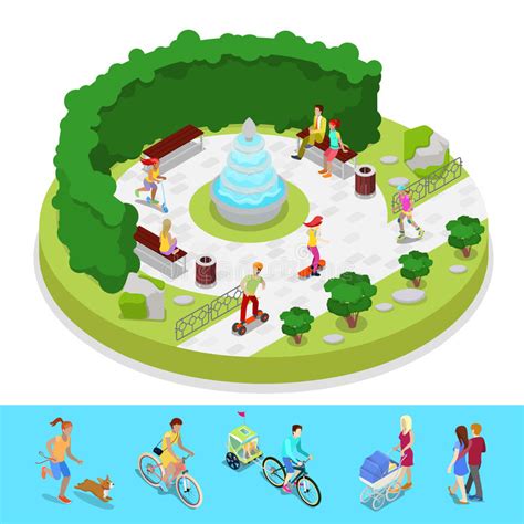 Isometric City Park Composition With Active People And Fountain