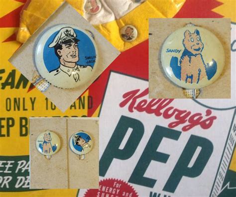 Vintage Kelloggs Advertising Pinbacks Pep Cereal Sandi The Dog And Smilin
