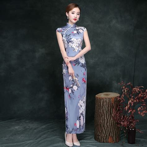 2018 Sleeveless Cheongsam Sexy Blue Qipao Long Traditional Chinese Dresses Oriental Collars