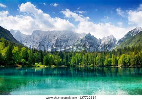 Beautiful Landscape Turquoise Lake Forest Mountains Stock Photo