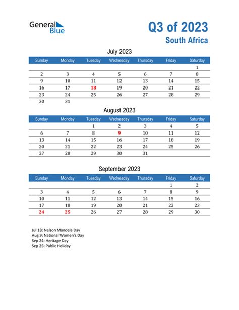 2023 South Africa Quarterly Calendar With Holidays Free Printable