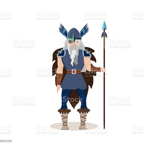 Viking Cartoon Character Scandinavian God Odin With A Spear Vector