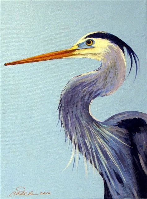 Great Blue Heron Paintings Waterbirds Beach Art Original Heron Blue By