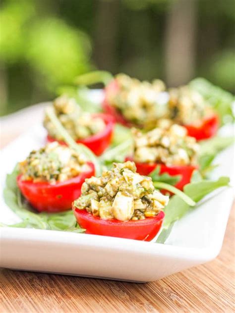 Here you'll find dairy free appetizers that are easy to make and perfect for feeding a crowd. Avocado Pesto Stuffed Tomato Gluten Free Dairy Free ...