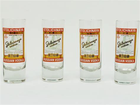 Stolichnaya Russian Vodka Shot Glasses Set Of 4 Stoli Label Clear